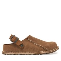 Klapki Birkenstock. Brązowe klapki damskie Birkenstock, bez wzorów, bez obcasa, bez zapięcia. Za 719.99 zł.