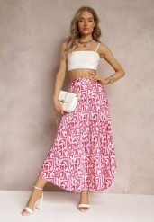 Fuksjowa Plisowana Spódnica Maxi w Fantazyjny Print Maritha. Czerwone spódnice damskie Renee, l, bez wzorów, z satyny, maxi, plisowane. Za 74.99 zł.