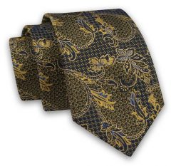 Granatowo-Żółty Elegancki Męski Krawat -ALTIES- 7cm, Stylowy, Klasyczny, Wzór Orientalny. Niebieskie krawaty i muchy Alties, bez wzorów, z tkaniny, eleganckie. Za 49.00 zł.