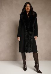 Czarny Płaszcz z Odpinanym Futerkiem Lillvana. Czarne płaszcze damskie Renee, l, bez wzorów, z jeansu, eleganckie, bez kołnierzyka, bez kaptura. Za 349.99 zł.