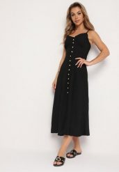 Czarna Sukienka na Cienkich Regulowanych Ramiączkach Zapinana na Guziki Palfea. Czarne sukienki damskie Born2be, na spotkanie biznesowe, s, z aplikacjami, eleganckie, bez kołnierzyka, bez ramiączek, midi. Za 79.99 zł.