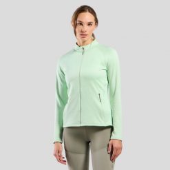 Bluza damska Odlo TENCIA Mid layer full zip. Zielone bluzy damskie ODLO, na zimę, l, bez wzorów, z materiału, bez ramiączek, bez kaptura. Za 297.49 zł.