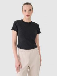 4F T-shirt slim z prążkowanej dzianiny damski - czarny L. Czarne t-shirty damskie 4F, l, bez wzorów, z bawełny, klasyczne, bez kołnierzyka, bez ramiączek. W wyprzedaży za 49.99 zł.
