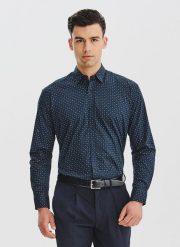 PAKO LORENTE - Granatowa koszula męska wzór geometryczny. Białe koszule męskie Pako Lorente, na jesień, m, bez wzorów, z bawełny, bez kołnierzyka, bez ramiączek. Za 119.99 zł.