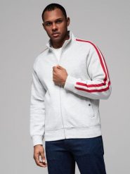 Męska bluza dresowa z wysokim kołnierzem i lampasami – szary melanż V1. Szare bluzy męskie Ombre Clothing, m, z aplikacjami, z bawełny, retro, bez ramiączek, bez kaptura. W wyprzedaży za 179.99 zł.