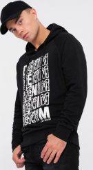 Ombre Męska bluza kangurka nierozpinana z kapturem i nadrukiem - czarna V1 OM-SSPS-0158 M. Czarne bluzy męskie Ombre, m, bez wzorów, z kapturem. Za 49.99 zł.