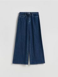 Jeansy wide leg z wiązaniem - granatowy. Niebieskie jeansy damskie Reserved, bez wzorów, z bawełny. Za 159.99 zł.