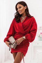 Czerwona Efektowna Sukienka z Marszczeniami. Czerwone sukienki damskie Ivon, l, bez wzorów, z bawełny, wizytowe, bez kołnierzyka, bez ramiączek. Za 249.90 zł.