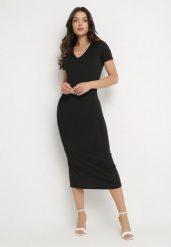 Czarna Sukienka Dopasowana Bodycon z Dekoltem w Serek Efricene. Czarne sukienki damskie Born2be, na co dzień, l, bez wzorów, z jeansu, klasyczne, bez kołnierzyka, bez ramiączek, midi, bodycon. Za 109.99 zł.