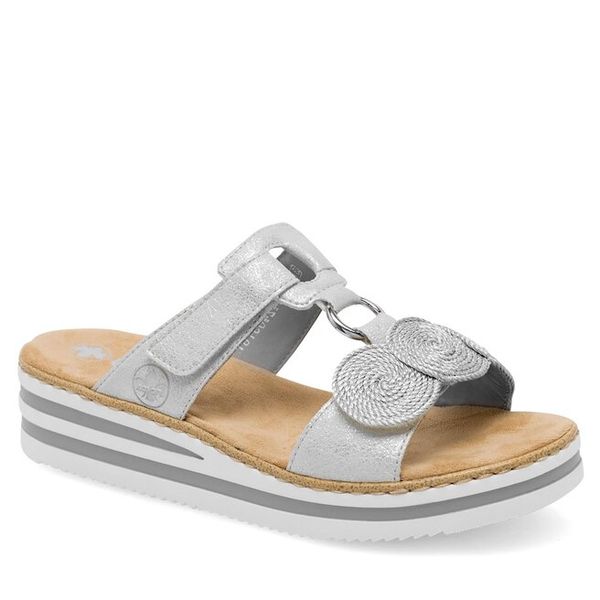 Klapki Rieker. Szare klapki damskie Rieker, bez wzorów, bez obcasa, bez zapięcia. Za 309.99 zł.