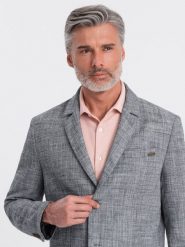 Marynarka męska o kroju REGULAR z lnem - grafitowa V5 OM-BLZB-0128 - XXL. Szare garnitury męskie Ombre Clothing, l, bez wzorów, z materiału, biznesowe. W wyprzedaży za 249.99 zł.