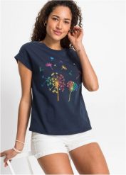 T-shirt z nadrukiem z roślinnym motywem. Niebieskie t-shirty damskie bonprix, z aplikacjami, bez kołnierzyka, bez ramiączek. Za 64.99 zł.