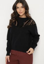 Czarny Sweter z Siateczkowymi Wstawkami z Cekinami Perełkami i Koralikami Evoriana. Czarne swetry nierozpinane damskie Born2be, l, bez wzorów, z jeansu, eleganckie, bez kołnierzyka, bez ramiączek. Za 129.99 zł.