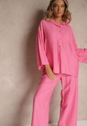 Fuksjowy Wiskozowy Komplet Oversize Koszula i Spodnie Wide Leg Zierana. Czerwone koszule damskie Renee, bez wzorów, z materiału, bez kołnierzyka, bez ramiączek. Za 99.99 zł.
