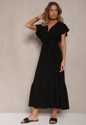 Czarna Kopertowa Sukienka z Wiskozy Ozdobiona Paskiem Savioneira. Czarne sukienki damskie Renee, na co dzień, l, bez wzorów, z jeansu, eleganckie, bez kołnierzyka, bez ramiączek, maxi, kopertowe. Za 54.99 zł.