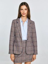 Marynarka damska z dodatkiem wełny w kratę Linneta 000. Czerwone marynarki i żakiety damskie BIG STAR, bez wzorów, z denimu, eleganckie, bez kołnierzyka, bez ramiączek. Za 359.99 zł.