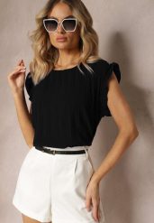 Czarny Plisowany Top Koszulka z Krótkim Rękawem Meavina. Czarne bluzki damskie Renee, l, bez wzorów, eleganckie, bez kołnierzyka, bez ramiączek. Za 39.99 zł.