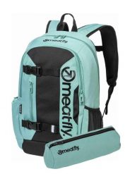 Plecak na laptopa z paskami na deskorolkę – Sea Green Meatfly + piórnik. Zielone plecaki męskie Meatfly, bez wzorów, z materiału. Za 254.99 zł.