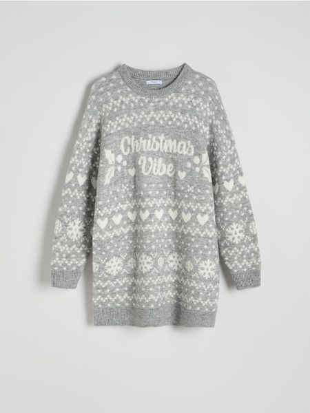 Sweter ze świątecznym motywem - ciemnoszary. Szare swetry nierozpinane damskie Reserved, l, bez wzorów, z dzianiny, wizytowe, bez kołnierzyka, bez ramiączek. W wyprzedaży za 39.99 zł.