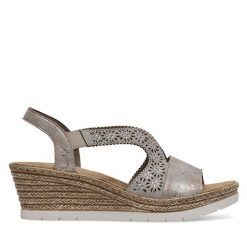 Sandały Rieker. Szare sandały damskie Rieker, bez wzorów, bez obcasa, na koturnie, bez zapięcia. Za 299.99 zł.