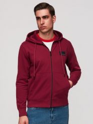 Rozpinana męska bluza dresowa z kapturem i naszywką – czerwona V3. Czerwone bluzy męskie Ombre Clothing, m, z aplikacjami, z bawełny, biznesowe, bez ramiączek, z kapturem. Za 169.99 zł.