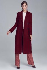 Bordowy Elegancki Długi Płaszcz Dwurzędowy. Czerwone płaszcze damskie Nife, l, bez wzorów, z materiału, eleganckie, bez kołnierzyka, bez kaptura. Za 379.90 zł.