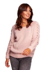 Sweter z Grubym Warkoczem na Rękawach - Różowy. Czerwone swetry nierozpinane damskie MOE, l, bez wzorów, z materiału, bez kołnierzyka, bez ramiączek. Za 204.58 zł.