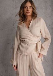 Beżowa Wiskozowa Bluzka z Kopertowym Dekoltem i Wiązaniem z Boku Velarila. Brązowe bluzki damskie Renee, l, bez wzorów, z materiału, bez kołnierzyka, bez ramiączek. Za 149.99 zł.