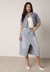 Niebieska Jeansowa Spódnica z Bawełną Wysokim Stanem i Rozcięciem z Przodu Cannate. Niebieskie spódnice damskie Born2be, na co dzień, l, bez wzorów, z bawełny, z podwyższonym stanem, midi. Za 99.99 zł.