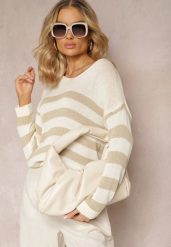 Jasnobeżowy Sweter w Szerokie Paski z Dekoltem w Serek Liminela. Brązowe swetry nierozpinane damskie Renee, bez wzorów, z materiału, casualowe, bez kołnierzyka, bez ramiączek. Za 59.99 zł.