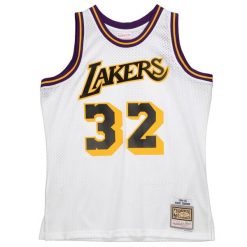Koszulka NBA Los Angeles Lakers Magic Johnson. Białe bluzki damskie Mitchell & Ness, bez wzorów, sportowe, bez kołnierzyka, bez ramiączek. Za 564.50 zł.