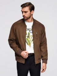 Kurtka bomberka męska z imitacji zamszu - brązowa V1 - Rozmiar: M. Brązowe kurtki męskie Ombre Clothing, l, z aplikacjami, z materiału, wizytowe, bez kaptura. Za 399.99 zł.
