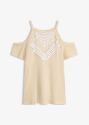 Koszulka dzianinowa z koronką. Brązowe bluzki damskie bonprix, bez wzorów, z dzianiny, eleganckie, bez kołnierzyka, bez ramiączek. Za 34.99 zł.