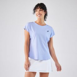 Koszulka tenisowa z okrągłym dekoltem damska Artengo Dry. Niebieskie bluzki damskie ARTENGO, xl, bez wzorów, z elastanu, sportowe, bez kołnierzyka, bez ramiączek. Za 59.99 zł.