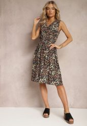 Czarno-Żółta Rozkloszowana Sukienka z Wiskozy Midi w Kwiaty z Kopertową Górą Pervia. Czarne sukienki damskie Renee, na imprezę, na lato, m, bez wzorów, z wiskozy, bez kołnierzyka, bez ramiączek, midi, kopertowe. Za 59.99 zł.