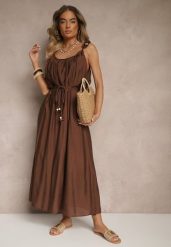 Brązowa Wiskozowa Sukienka Boho na Wiązanych Ramiączkach z Paskiem z Plecionki Miratera. Brązowe sukienki damskie Renee, na co dzień, m, bez wzorów, z materiału, boho, bez kołnierzyka, bez ramiączek, maxi. Za 99.99 zł.
