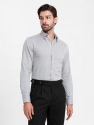 Męska koszula SLIM FIT z ozdobnej tkaniny szara V2 OM-SHCS-0175 M. Szare koszule męskie Ombre, m, bez wzorów, z tkaniny, bez kołnierzyka, bez ramiączek. Za 181.54 zł.