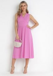 Różowa Sukienka Midi Bez Rękawów z Plisowanym Dołem Dreana. Czerwone sukienki damskie Born2be, na imprezę, l, bez wzorów, eleganckie, bez kołnierzyka, bez ramiączek, midi, plisowane. Za 169.99 zł.