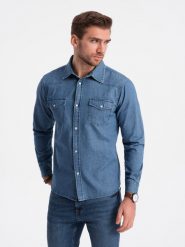 Koszula męska jeansowa na zatrzaski z kieszonkami - niebieska V2 OM-SHDS-0115 - M. Niebieskie koszule męskie Ombre Clothing, l, bez wzorów, z bawełny, bez kołnierzyka, bez ramiączek. Za 101.99 zł.