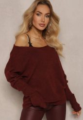 Bordowy Sweter z Lnem Oversize z Dekoltem w Łódkę Sassista. Czerwone swetry nierozpinane damskie Renee, m, bez wzorów, z jeansu, biznesowe, bez kołnierzyka, bez ramiączek. Za 119.99 zł.