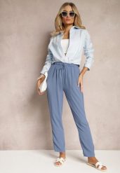Niebieskie Spodnie z Regularną Talią z Gumką i Sznurkiem w Pasie Cerinda. Niebieskie spodnie materiałowe damskie Renee, bez wzorów, z jeansu. Za 44.99 zł.
