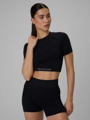 4F Crop top treningowy bezszwowy damski - czarny XS/S. Czarne topy damskie 4F, s, bez wzorów, z materiału, sportowe, bez kołnierzyka, bez ramiączek. Za 79.99 zł.