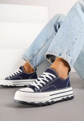 Granatowe Trampki na Grubej Podeszwie pod Kostkę Adsoria. Niebieskie trampki i tenisówki damskie Born2be, bez wzorów, z jeansu, bez zapięcia. Za 64.99 zł.