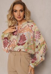Beżowo-Zielona Koszula z Wiskozą Zapinana Guzikami w Modny Wzór z Ornamentami Mingula. Brązowe koszule damskie Renee, l, bez wzorów, z wiskozy, klasyczne, bez kołnierzyka, bez ramiączek. Za 79.99 zł.