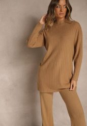 Brązowy Komplet Prążkowany z Bawełną Sweter Oversize i Szerokie Spodnie Wedorena. Brązowe swetry nierozpinane damskie Renee, bez wzorów, z bawełny, bez kołnierzyka, bez ramiączek. Za 119.99 zł.