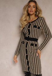 Czarno-Beżowa Sweterkowa Sukienka z Wiskozą w Pipetkę w Eleganckim Stylu Delassea. Czarne sukienki damskie Renee, na jesień, s, bez wzorów, z dzianiny, eleganckie, bez kołnierzyka, bez ramiączek. Za 99.99 zł.