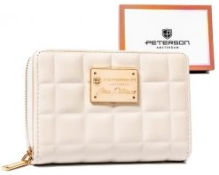 Pikowany, beżowy portfel damski ze skóry ekologicznej mieszczący dowód rejestracyjny - Peterson. Brązowe portfele damskie Peterson, ze skóry ekologicznej. Za 36.00 zł.