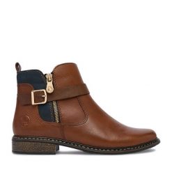 Botki Rieker. Brązowe botki damskie Rieker, bez wzorów, bez obcasa, na płaskiej podeszwie, bez zapięcia. Za 429.99 zł.