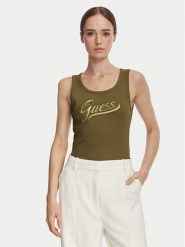 Guess Top W6YP30 K4380 Khaki Slim Fit. Brązowe topy damskie Guess, m, z aplikacjami, z syntetyku, bez kołnierzyka, bez ramiączek. Za 194.99 zł.