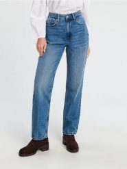 Jeansy straight - niebieski. Niebieskie jeansy damskie Sinsay, bez wzorów, z jeansu, z podwyższonym stanem. Za 79.99 zł.